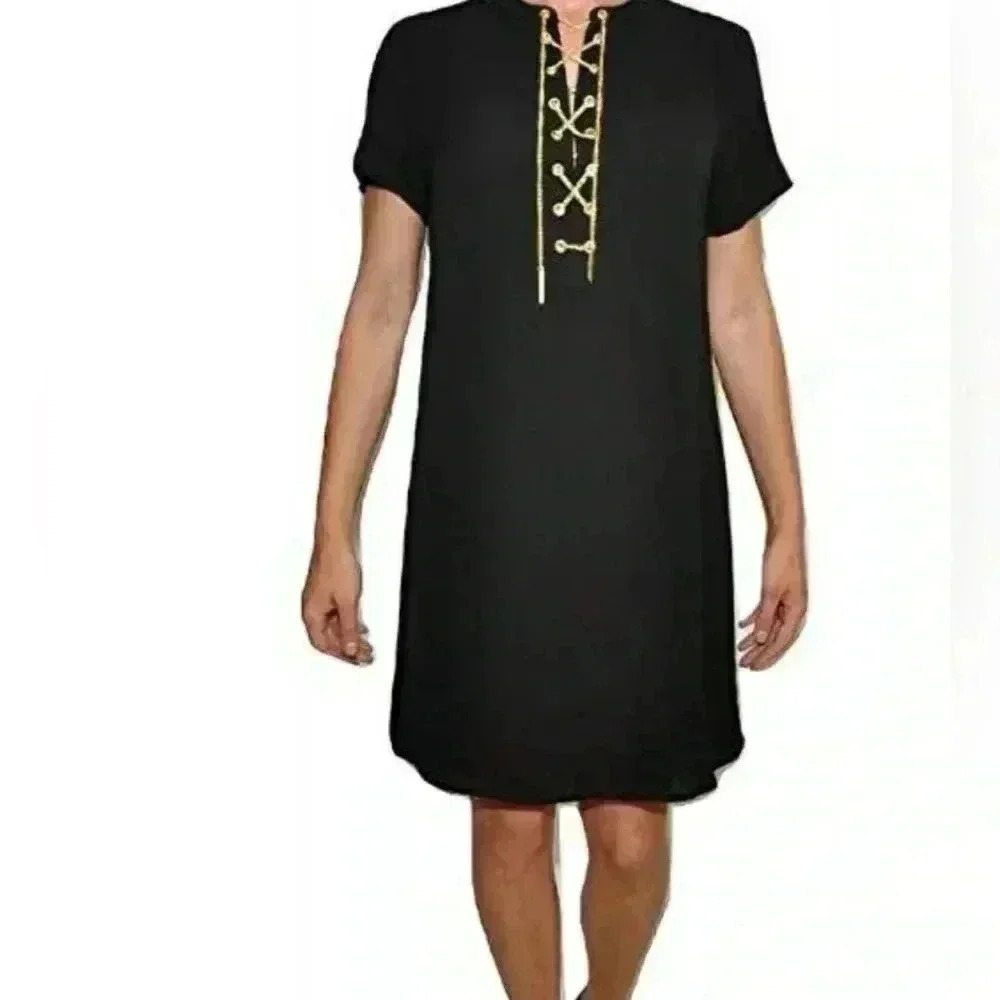 Michael Kors High / Low Gold Chain Lace - Up Shift Dress Size Large